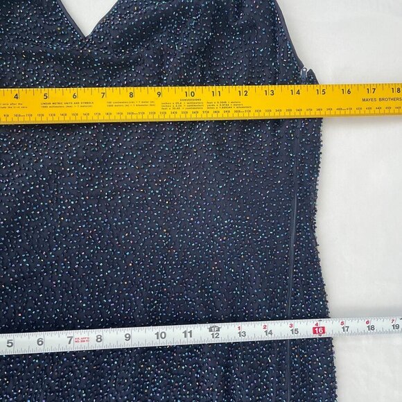 Y2K Bieff Basix Silk V-Neck Beaded Sleeveless Cocktail Dress Navy Blue Womens 12 - Picture 9 of 10